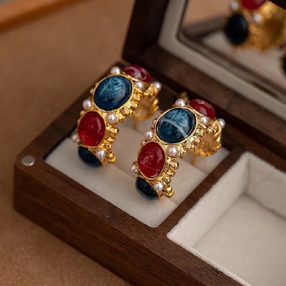 Vintage Favorite❤️ Never Wrong Blue and Red Glaze Palace Style Earrings